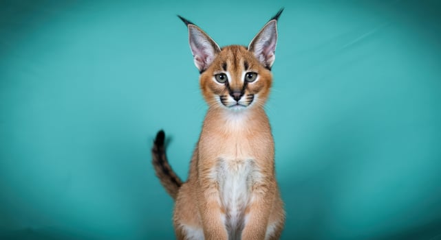 Portrait of a young caracal against a teal background photo