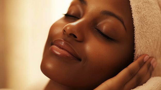 A woman relaxes peacefully in a home spa setting, eyes closed and wrapped in a soft towel. photo