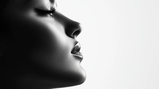 Captivating profile portrait showcasing a woman's elegance and beauty in black and white photo