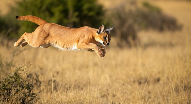 Majestic caracal leaping through african savannah in midday sun photo