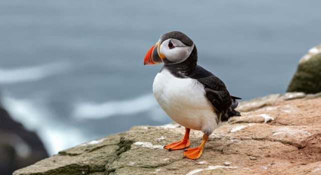 Atlantic puffin standing on rocky cliff overlooking ocean with waves photo