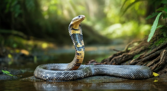 Majestic cobra snake in lush jungle habitat displaying distinctive hood photo