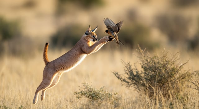 Majestic caracal hunting scene in wild african savanna at sunrise photo