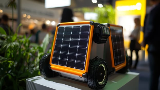 A small solar-powered device is showcased at a sustainable finance expo. photo