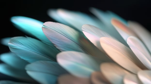 Beautiful array of delicate feathers showcasing shades of blue, white, and cream in intricate detail and soft lighting photo