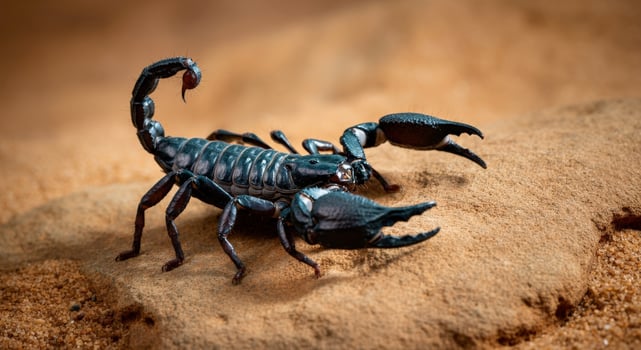 Black scorpion in desert habitat showcasing natural defense mechanisms photo
