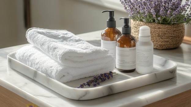 Soft white towels rest neatly on a marble tray alongside eco-friendly beauty bottles. Lavender adds a relaxing touch to this minimalist wellness space, promoting a zero-waste lifestyle. photo