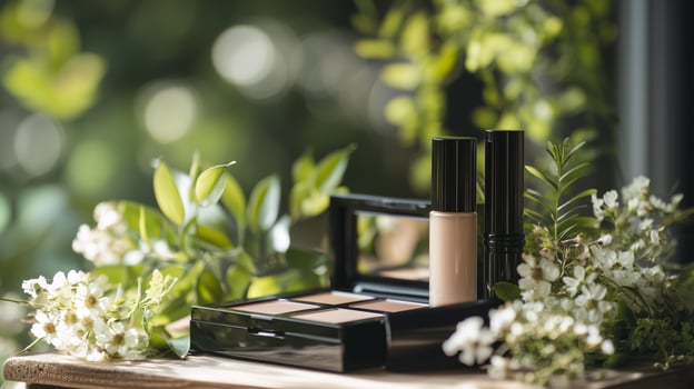 Makeup products arranged on a wooden surface surrounded by greenery and flowers in natural light photo
