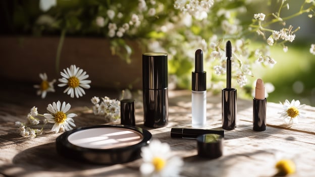 Variety of cosmetic products arranged on a rustic wooden table surrounded by daisies in a sunny garden setting photo