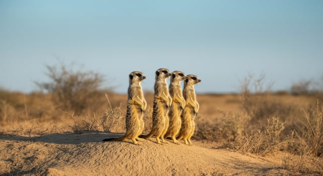 Meerkat quartet standing alert in golden african desert landscape photo