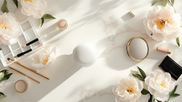 Makeup tools and flowers arranged elegantly on a marble surface during daylight photo