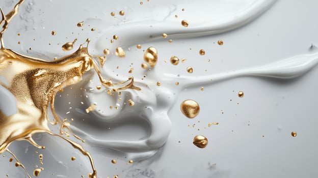Dynamic splash of gold and white liquid with droplets showcasing fluid motion and texture photo