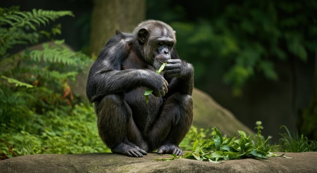 Chimpanzee enjoying a meal in lush forest habitat photo