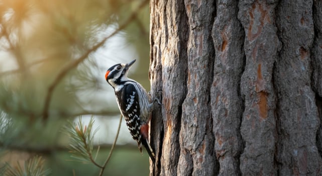 Woodpecker on pine tree in forest at dawn photo