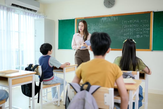 STEM lesson, Teacher and students in mathematics classroom photo
