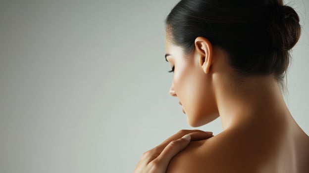 Close-up of a woman gently touching her shoulder, highlighting skin and natural beauty in a serene indoor setting photo