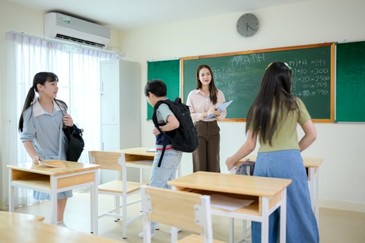 STEM lesson, Teacher and students in mathematics classroom photo