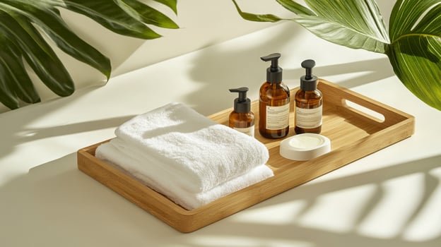 A serene arrangement showcasing eco-friendly skincare products on a wooden tray, accompanied by soft white towels. photo