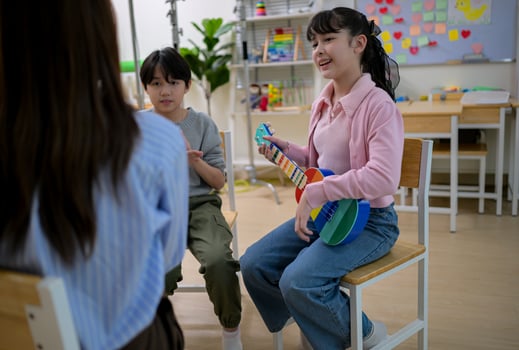 Ukelele Class, Teacher and students in music classroom photo