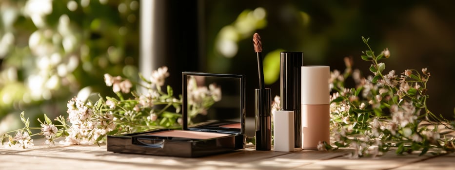 Collection of makeup products arranged on a wooden table with fresh flowers in a bright, natural setting during daylight hours photo