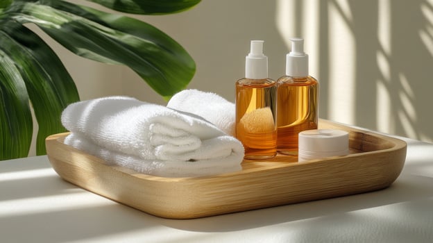 A wooden tray holds soft white towels and clear bottles filled with golden oil in a bright room. Sunlight filters through, highlighting the eco-friendly theme and minimalist aesthetic. photo