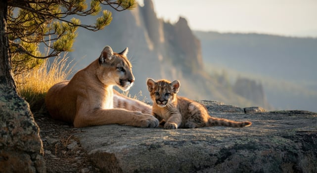 Mountain lions resting in sunlit landscape amidst rocky terrain photo