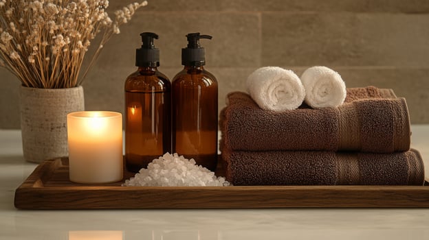 Natural beauty products are displayed on a wooden tray, featuring brown bottles, soft towels, and sea salt. photo