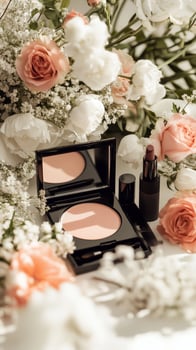 Beautifully arranged makeup products among delicate flowers in a soft, natural setting during the daylight hours photo