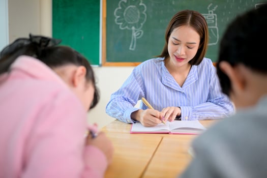 Art lesson, Teacher and students in the basic art classroom photo