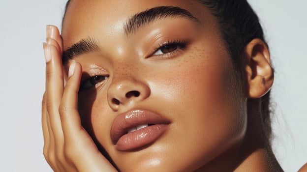 Close-up of a woman gently touching her face with a serene expression, illuminated by soft natural light photo