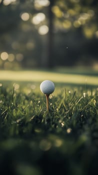 Golf ball on a tee ready for a putt on a lush green grass field at sunset photo