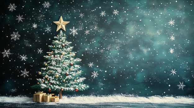 Chalk drawing of a Christmas tree on a blackboard with snowflakes photo