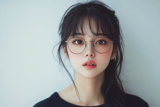 Young woman with glasses showing a thoughtful expression in a bright indoor setting photo