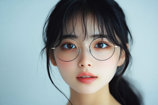 Young woman with glasses showing a thoughtful expression in a bright indoor setting photo
