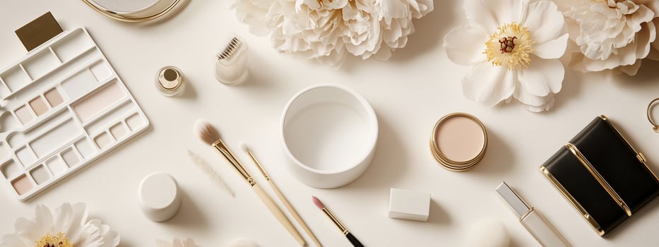 Beautiful arrangement of makeup supplies and flowers on a light background photo