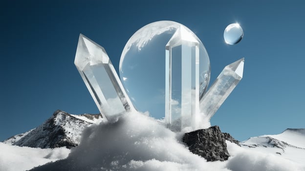 Abstract composition of crystal formations surrounded by clouds and celestial bodies in a surreal landscape photo