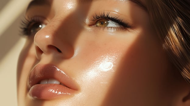 Close-up portrait of a young woman showcasing glowing skin with warm light highlighting her features in a serene setting photo