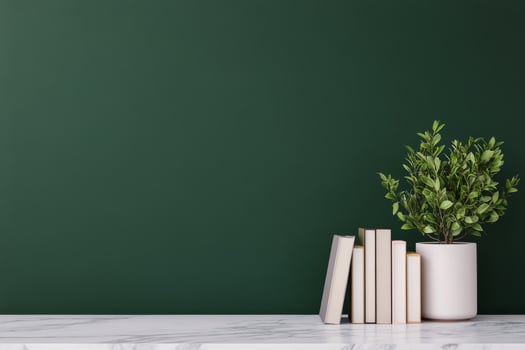Elegant desk setup with books and greenery beside dark green wall photo