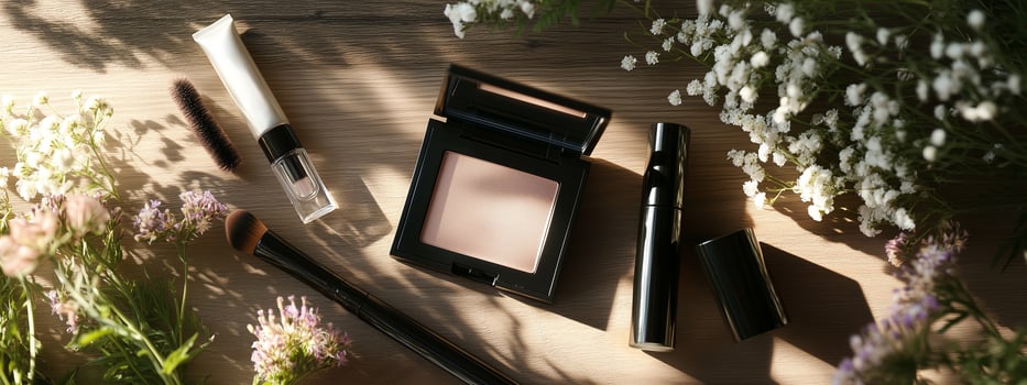 Beauty products arranged among flowers on a wooden surface during daylight photo