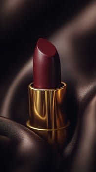 Rich burgundy lipstick on elegant fabric background creates luxurious beauty scene photo