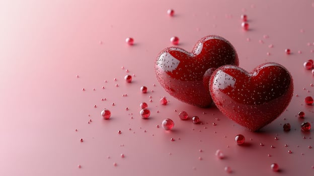 Beautiful pink glass hearts scattered on a soft surface creating a romantic atmosphere photo