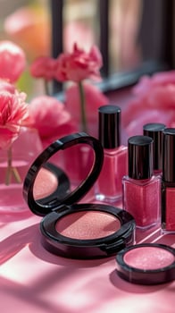 Vibrant cosmetics and flowers creating a colorful beauty display in a bright setting photo