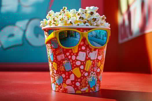Colorful popcorn bucket wearing sunglasses against a vibrant background for a fun snack experience photo