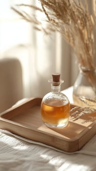 Clear glass bottle with aromatic liquid on wooden tray beside dried plants in soft light photo