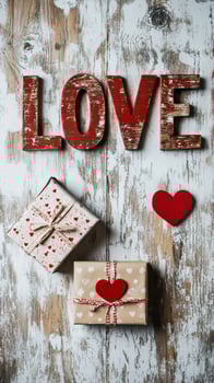Decorative love sign with gift box and red hearts on rustic wooden surface photo