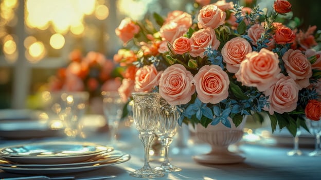 A table with a vase of flowers and glasses photo