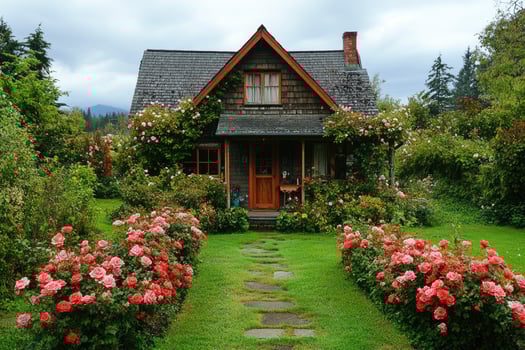 Charming cottage surrounded by blooming roses in picturesque garden photo
