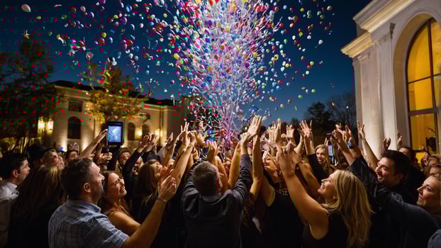 A large group of people throwing confetti into the air photo