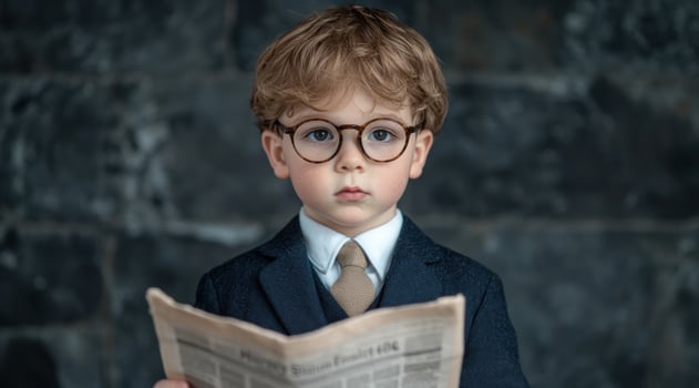 young boy in suit reading newspaper photo