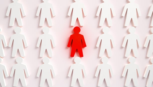 A red figure surrounded by white figures, Individuality concept, Think different, Creative idea, CEO, Leadership photo